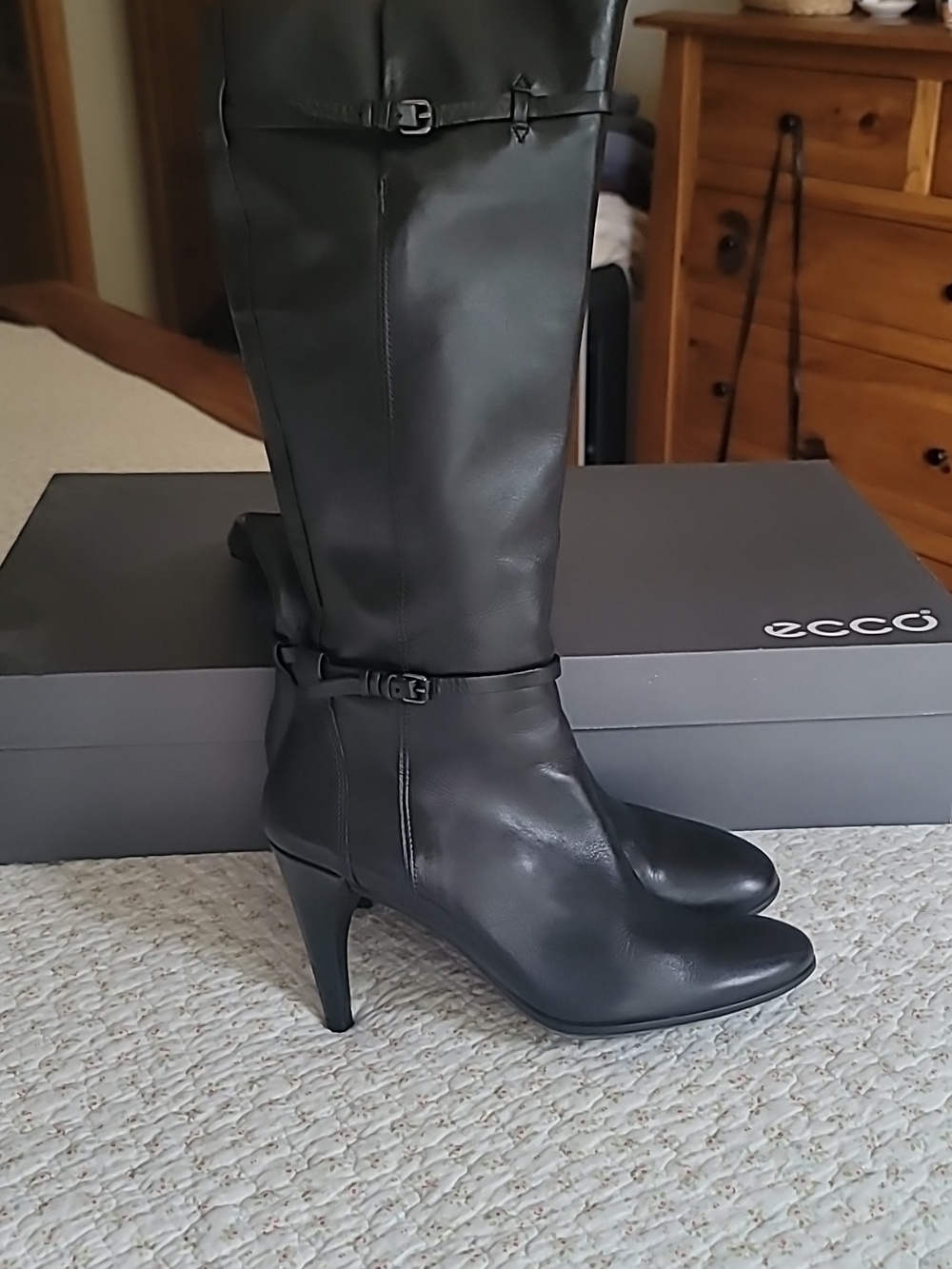 Ecco Black Leather Knee-High Buckle Boots